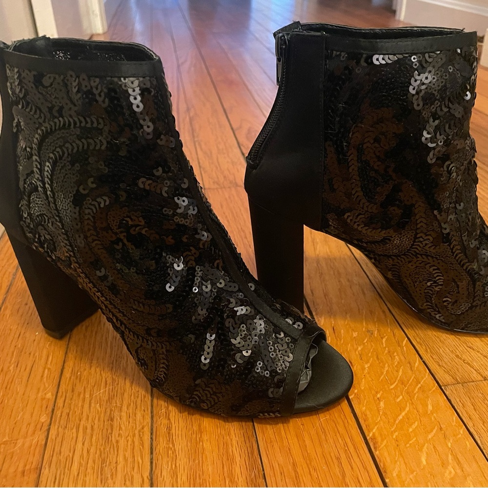 audrey brooke open toe sequin booties